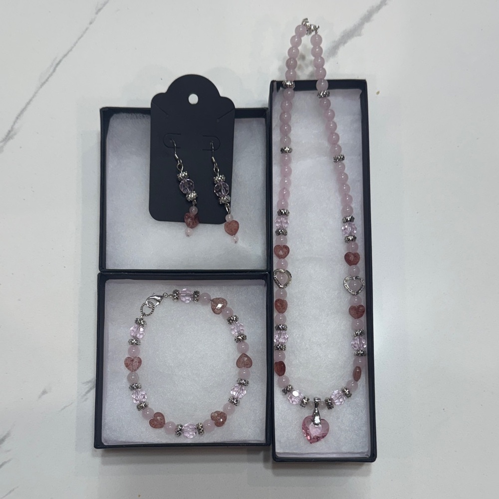 Rose Quartz Heart Necklace Set